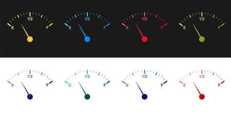 Set Motor gas gauge icon isolated on black and white background. Empty fuel meter. Full tank indication. Vectorのイラスト素材