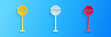 Paper cut Stop icon isolated on blue background. Traffic regulatory warning stop symbol. Paper art style. Vectorのイラスト素材