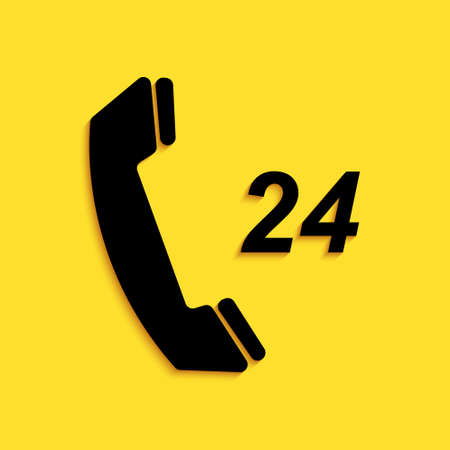 Black Telephone 24 hours support icon isolated on yellow background. All-day customer support...