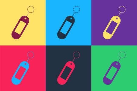 Pop art Key chain icon isolated on color background. Blank rectangular keychain with ring and chain for key. Vectorのイラスト素材
