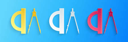 Paper cut Protractor and drawing compass icon isolated on blue background. Drawing professional...
