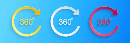 Paper cut Angle 360 degrees icon isolated on blue background. Rotation of 360 degrees. Geometry math...