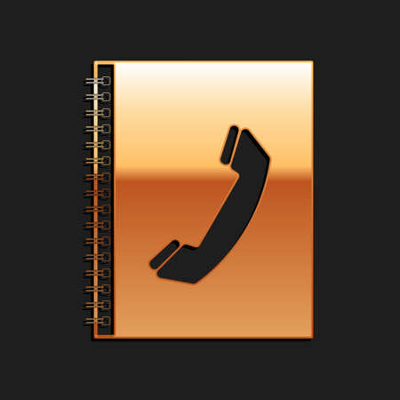 Gold Phone book icon isolated on black background. Address book. Telephone directory. Long shadow style. Vectorのイラスト素材