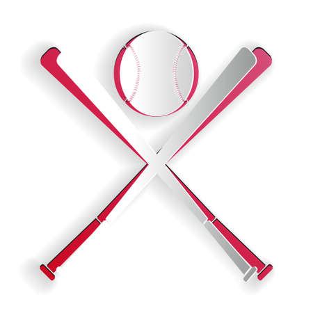 Paper cut Crossed baseball bats and ball icon isolated on white background. Paper art style. Vectorのイラスト素材