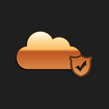 Gold Cloud and shield with check mark icon isolated on black background. Cloud storage data protection. Security, safety, protection, privacy. Long shadow style. Vectorのイラスト素材