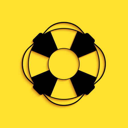 Black Lifebuoy icon isolated on yellow background. Lifebelt symbol. Long shadow style. Vectorのイラスト素材
