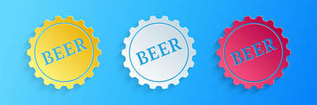 Paper cut Bottle cap with beer word icon isolated on blue background. Paper art style. Vectorのイラスト素材