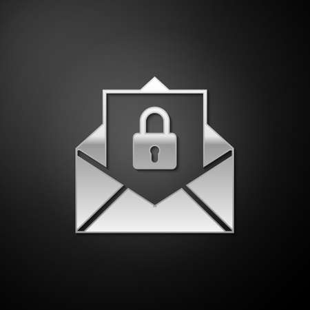 Silver Secure mail icon isolated on black background. Mailing envelope locked with padlock. Long shadow style. Vectorのイラスト素材