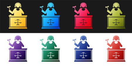 Set Judge with gavel on table icon isolated on black and white background. Vectorのイラスト素材