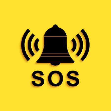 Black Alarm bell and SOS lettering icon isolated on yellow background. Warning bell, help sign. Emergency SOS button. Long shadow style. Vectorのイラスト素材