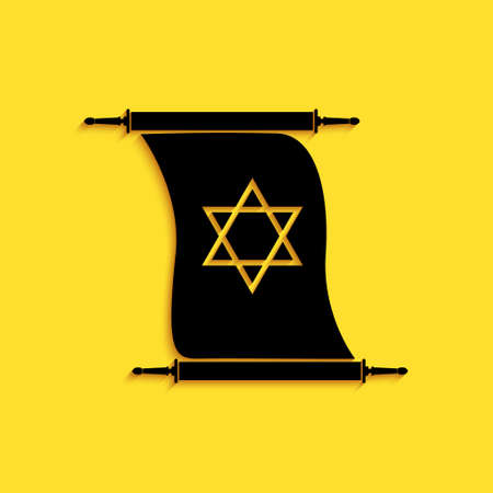 Black Torah scroll icon isolated on yellow background. Jewish Torah in expanded form. Torah Book. Star of David symbol. Simple old parchment scroll. Long shadow style. Vectorのイラスト素材