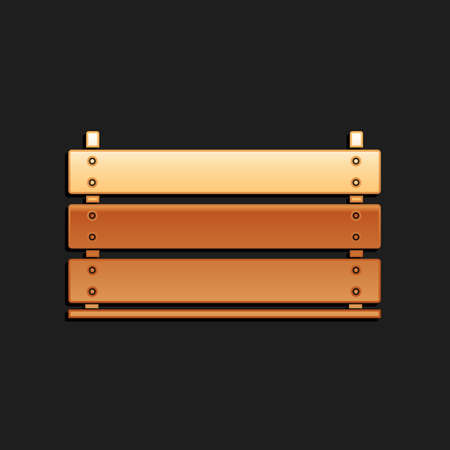 Gold Wooden box icon isolated on black background. Grocery basket, storehouse crate. Empty wooden container for vegetables, products. Long shadow style. Vectorのイラスト素材