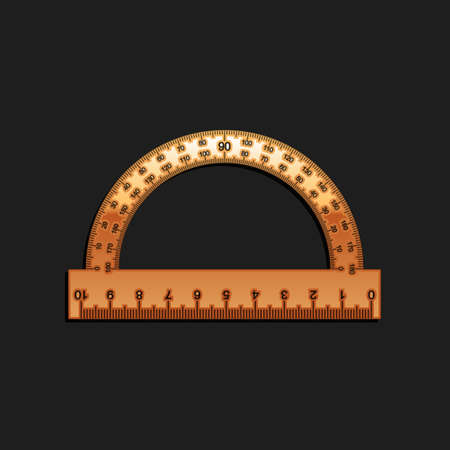 Gold Protractor grid for measuring degrees icon isolated on black background. Tilt angle meter. Measuring tool. Geometric symbol. Long shadow style. Vectorのイラスト素材
