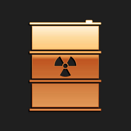 Gold Radioactive waste in barrel icon isolated on black background. Radioactive garbage emissions, environmental pollution, danger of ecological disaster. Long shadow style. Vectorのイラスト素材