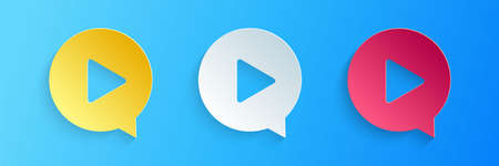 Paper cut Play in circle icon isolated on blue background. Paper art style. Vectorのイラスト素材