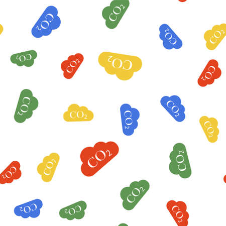 Color CO2 emissions in cloud icon isolated seamless pattern on white background. Carbon dioxide...