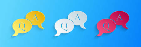 Paper cut Question and Answer mark in speech bubble icon isolated on blue background. Q and A symbol. FAQ sign. Copy files, chat speech bubble. Paper art style. Vectorのイラスト素材