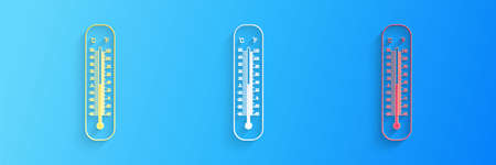 Paper cut Celsius and fahrenheit meteorology thermometers measuring icon isolated on blue...