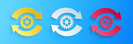 Paper cut Gear and arrows as workflow concept icon isolated on blue background. Gear reload sign. Paper art style. Vectorのイラスト素材