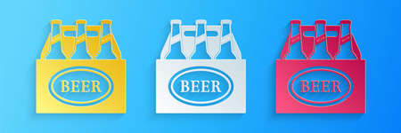 Paper cut Pack of beer bottles icon isolated on blue background. Case crate beer box sign. Paper art style. Vectorのイラスト素材