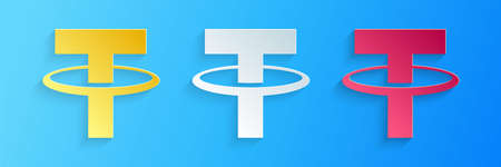 Paper cut Cryptocurrency coin Tether USDT icon isolated on blue background. Physical bit coin....