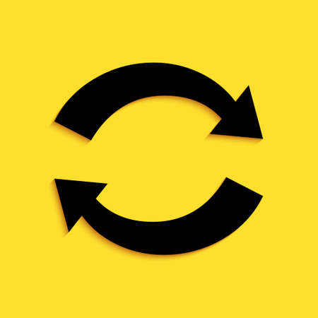 Black Refresh icon isolated on yellow background. Reload symbol. Rotation arrows in a circle sign. Long shadow style. Vectorのイラスト素材