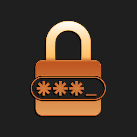 Gold Password protection and safety access icon isolated on black background. Lock icon. Security, safety, protection, privacy concept. Long shadow style. Vectorのイラスト素材