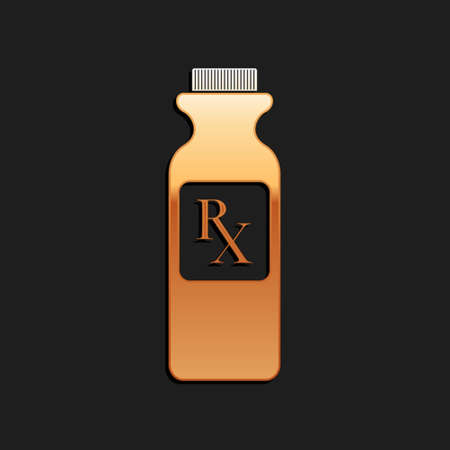 Gold Pill bottle with Rx sign and pills icon isolated on black background. Pharmacy design. Rx as a prescription symbol on drug medicine bottle. Long shadow style. Vectorのイラスト素材