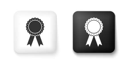 Black and white Medal badge with ribbons icon isolated on white background. Square button. Vectorのイラスト素材