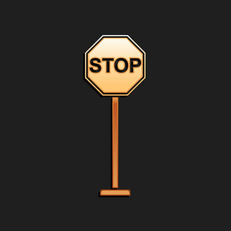 Gold Stop icon isolated on black background. Traffic regulatory warning stop symbol. Long shadow style. Vectorのイラスト素材