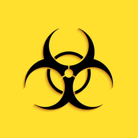 Black Biohazard symbol icon isolated on yellow background. Long shadow style. Vector