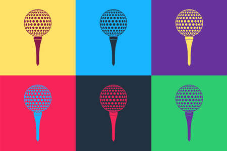 Pop art Golf ball on tee icon isolated on color background. Vectorのイラスト素材
