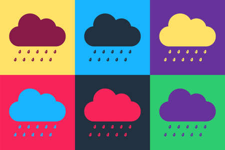 Pop art Cloud with rain icon isolated on color background. Rain nimbus cloud precipitation with rain...
