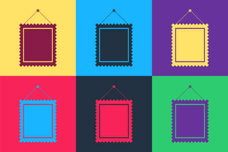 Pop art Rectangular picture frame hanging on the wall icon isolated on color background. Vectorのイラスト素材
