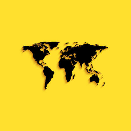 Black World map icon isolated on yellow background. Long shadow style. Vectorのイラスト素材