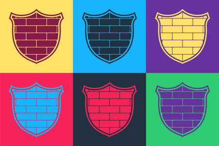 Pop art Shield with cyber security brick wall icon isolated on color background. Data protection symbol. Firewall. Network protection. Vectorのイラスト素材