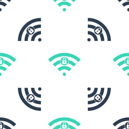 Green Wifi locked sign icon isolated seamless pattern on white background. Password Wifi symbol. Wireless Network icon. Wifi zone. Vectorのイラスト素材