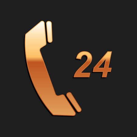 Gold Telephone 24 hours support icon isolated on black background. All-day customer support call-center. Long shadow style. Vectorのイラスト素材