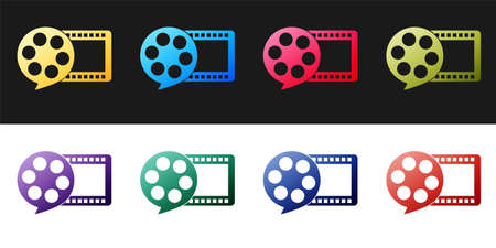Set Film reel and play video movie film icon isolated on black and white background. Vectorのイラスト素材