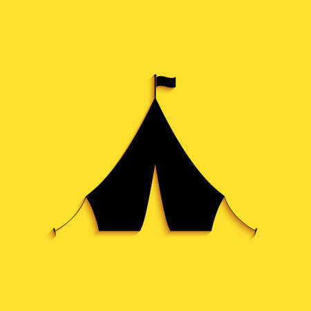 Black Tourist tent with flag icon isolated on yellow background. Long shadow style. Vectorのイラスト素材