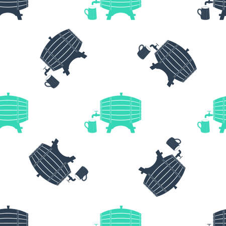 Green Wooden barrel on rack with stopcock and wooden beer mug icon isolated seamless pattern on white background. Vectorのイラスト素材