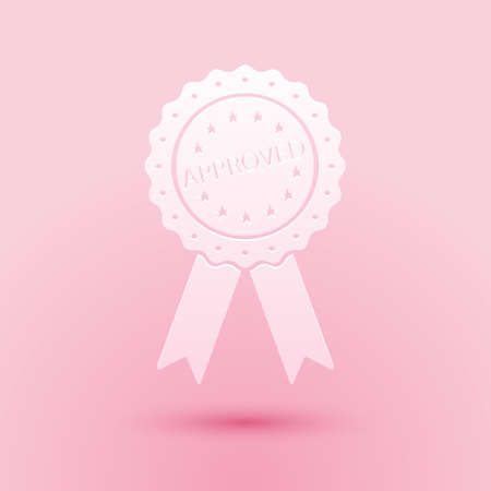 Paper cut Approved or certified medal badge with ribbons icon isolated on pink background. Approved seal stamp sign. Paper art style. Vectorのイラスト素材