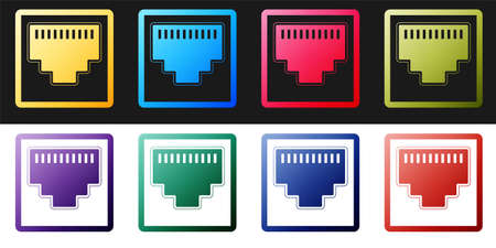 Set Network port - cable socket icon isolated on black and white background. LAN port icon. internet...