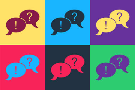 Pop art Speech bubbles with Question and Exclamation marks icon isolated on color background. FAQ sign. Copy files, chat speech bubble. Vectorのイラスト素材