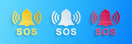 Paper cut Alarm bell and SOS lettering icon isolated on blue background. Warning bell, help sign. Emergency SOS button. Paper art style. Vectorのイラスト素材
