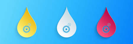 Paper cut Drop with gears icon isolated on blue background. Abstract concept for ecology theme, green eco energy, technology and industry. Paper art style. Vectorのイラスト素材