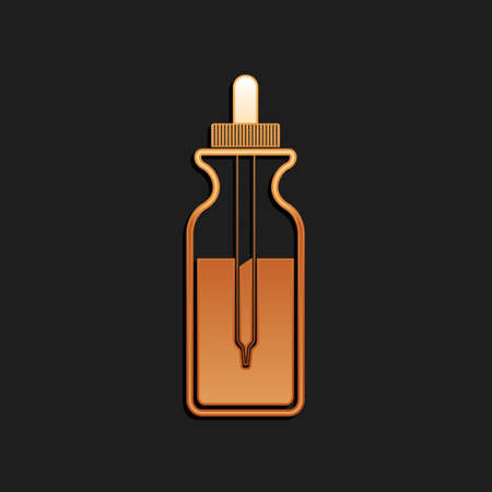 Gold Glass bottle with a pipette. Vial with a pipette inside and lid icon isolated on black background. Container for medical and cosmetic product. Long shadow style. Vectorのイラスト素材