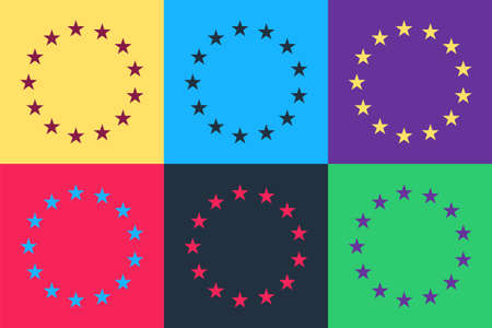 Pop art Flag of European Union icon isolated on color background. EU circle symbol. Waving EU flag....