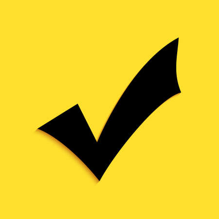 Black Check mark icon isolated on yellow background. Tick symbol. Long shadow style. Vectorのイラスト素材