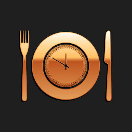 Gold Plate with clock, fork and knife icon isolated on black background. Lunch time. Eating, nutrition regime, meal time and diet concept. Long shadow style. Vectorのイラスト素材